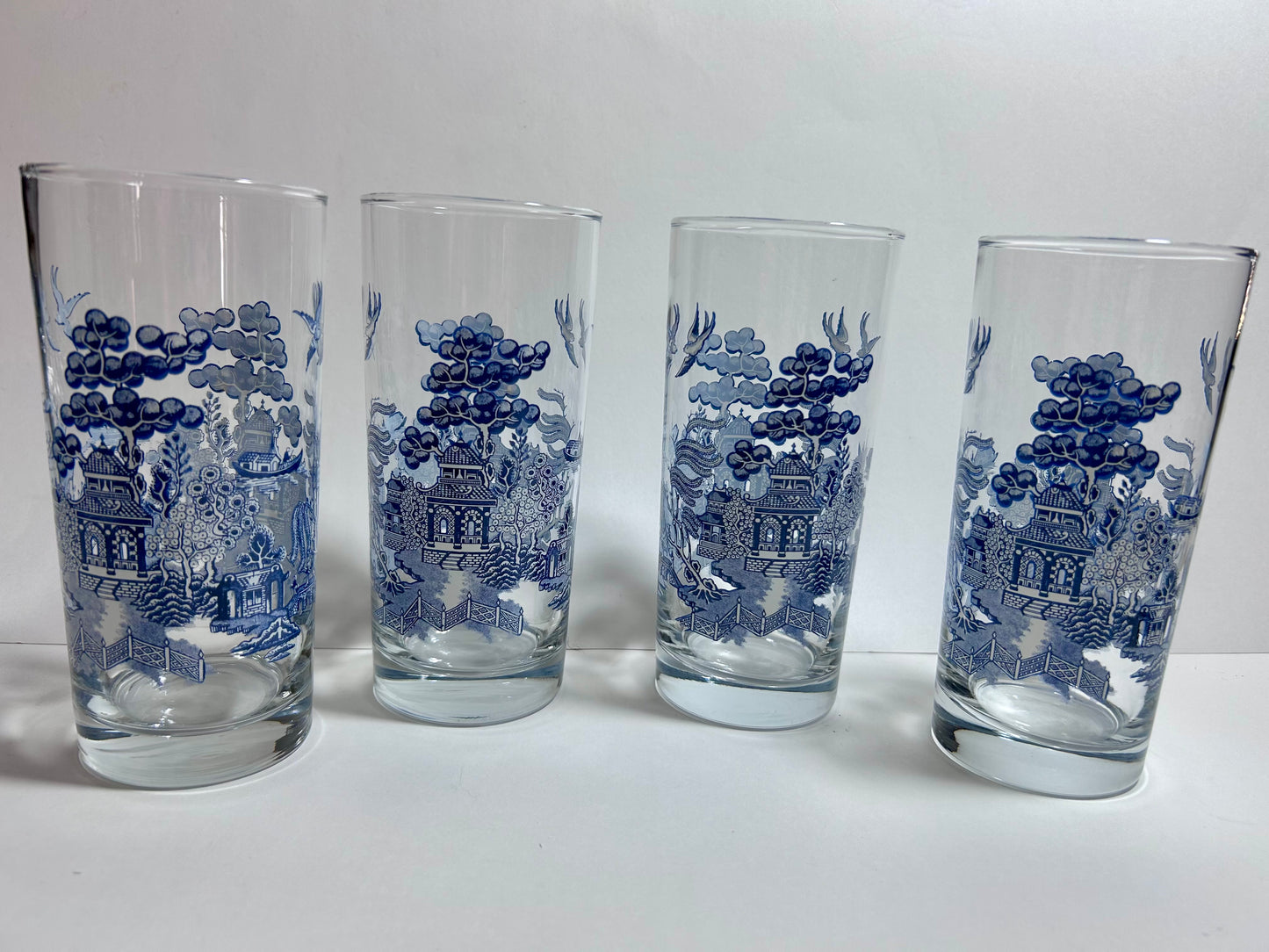 Vintage Johnson Brothers Willow Ware Blue Highball Glasses, Set of 4 (Made in England)