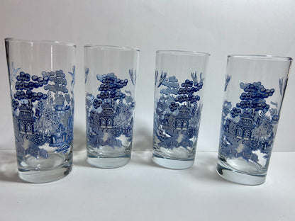 Vintage Johnson Brothers Willow Ware Blue Highball Glasses, Set of 4 (Made in England)