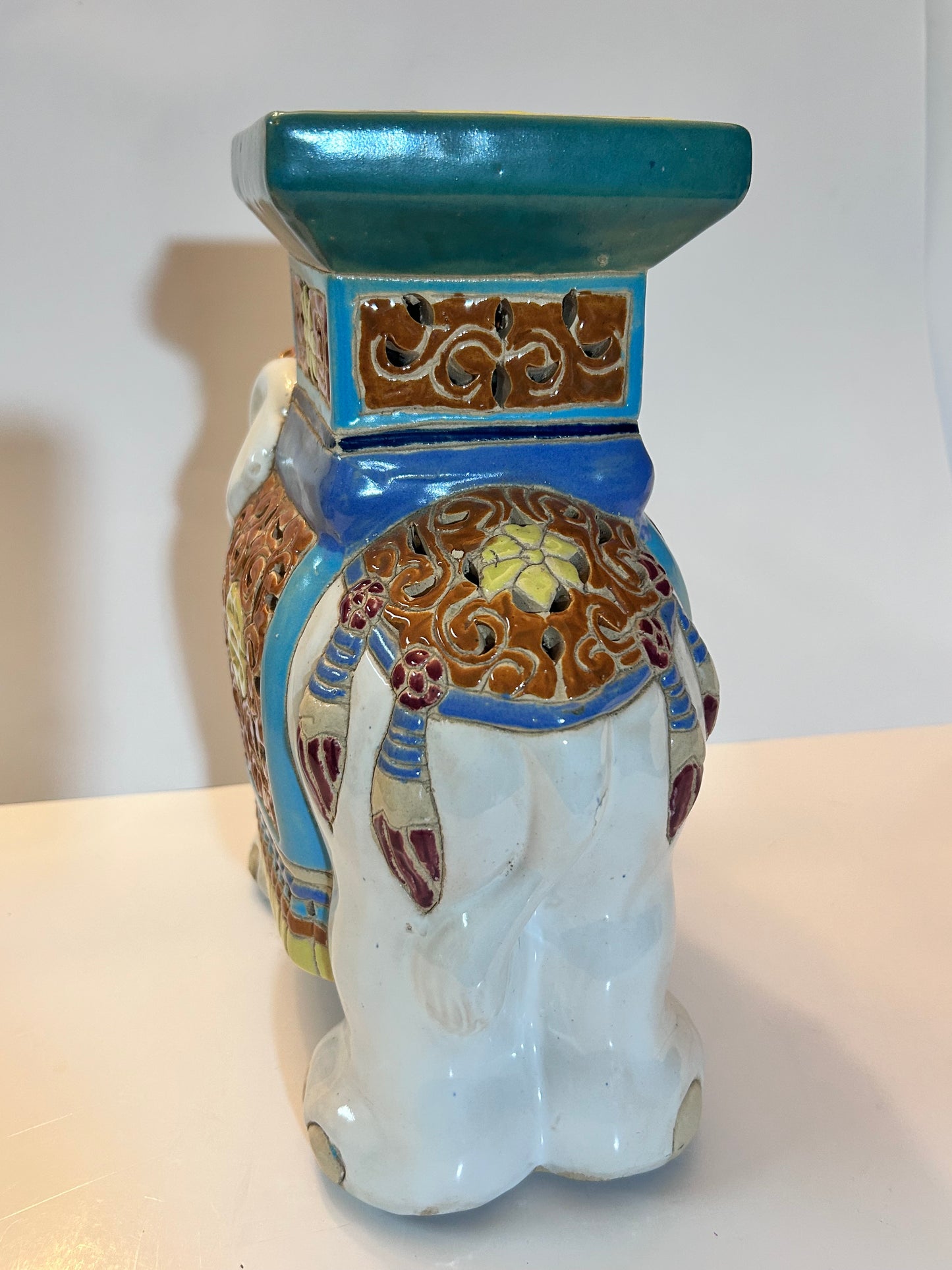 Vintage Chinese Export Style Ceramic Elephant Garden Stool / Plant Stand, 12”Tall, Chinoiserie Decor