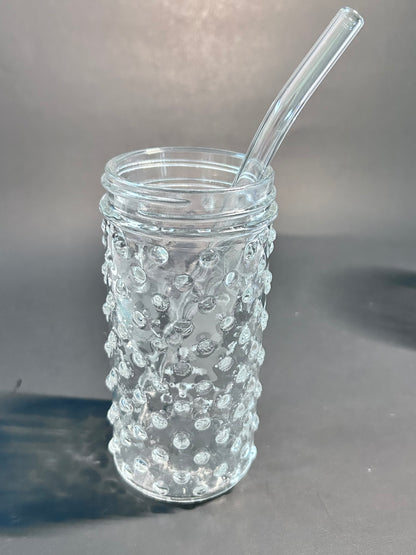 Clear Hobnail Glassware 4-Piece Set - Goblet, Tumbler with Glass Straw, Teacup & Saucer - Made in Portugal