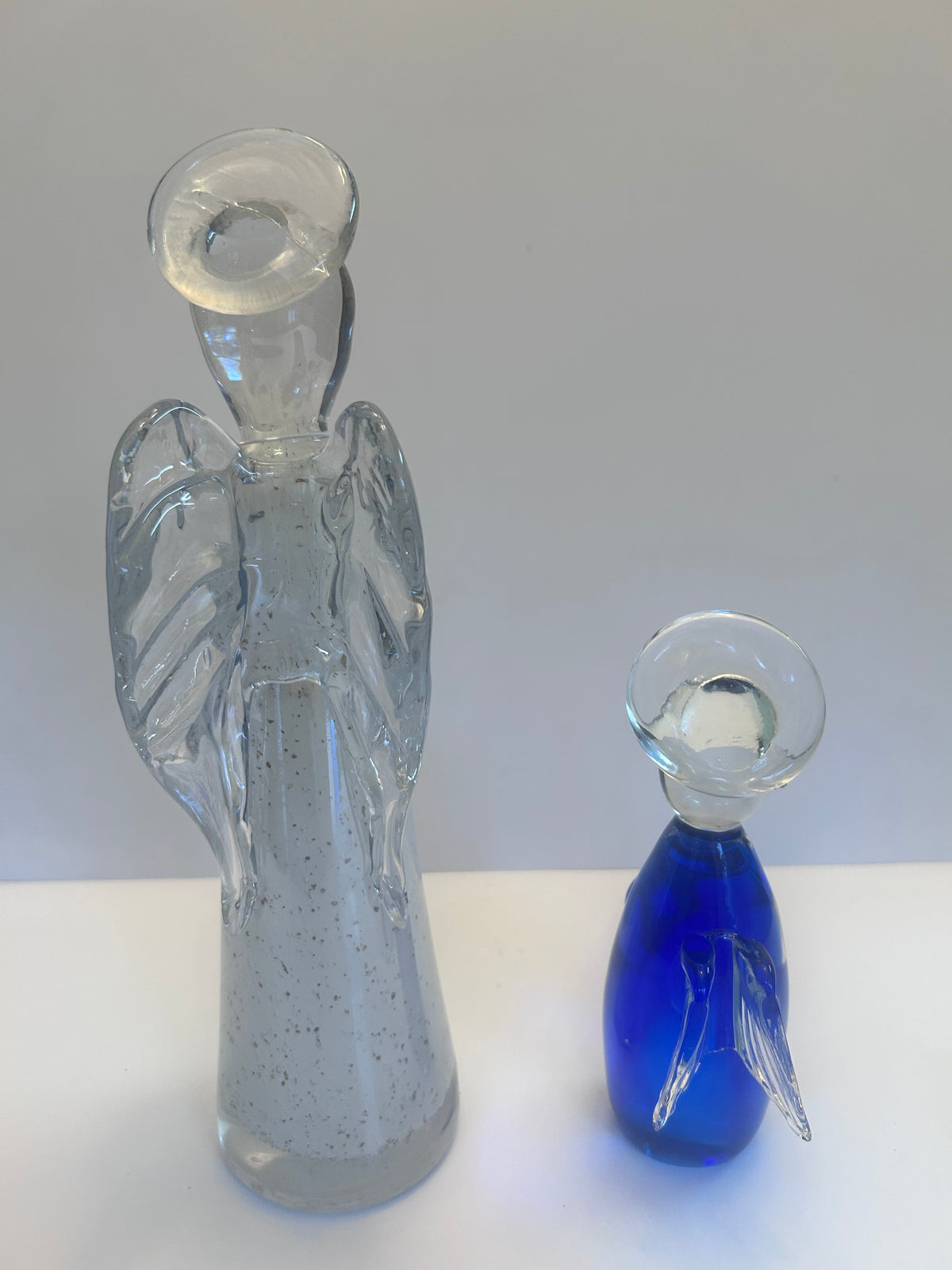 Hand-Blown Art Glass Angel
Figurines - Clear Speckled & Cobalt Blue Set