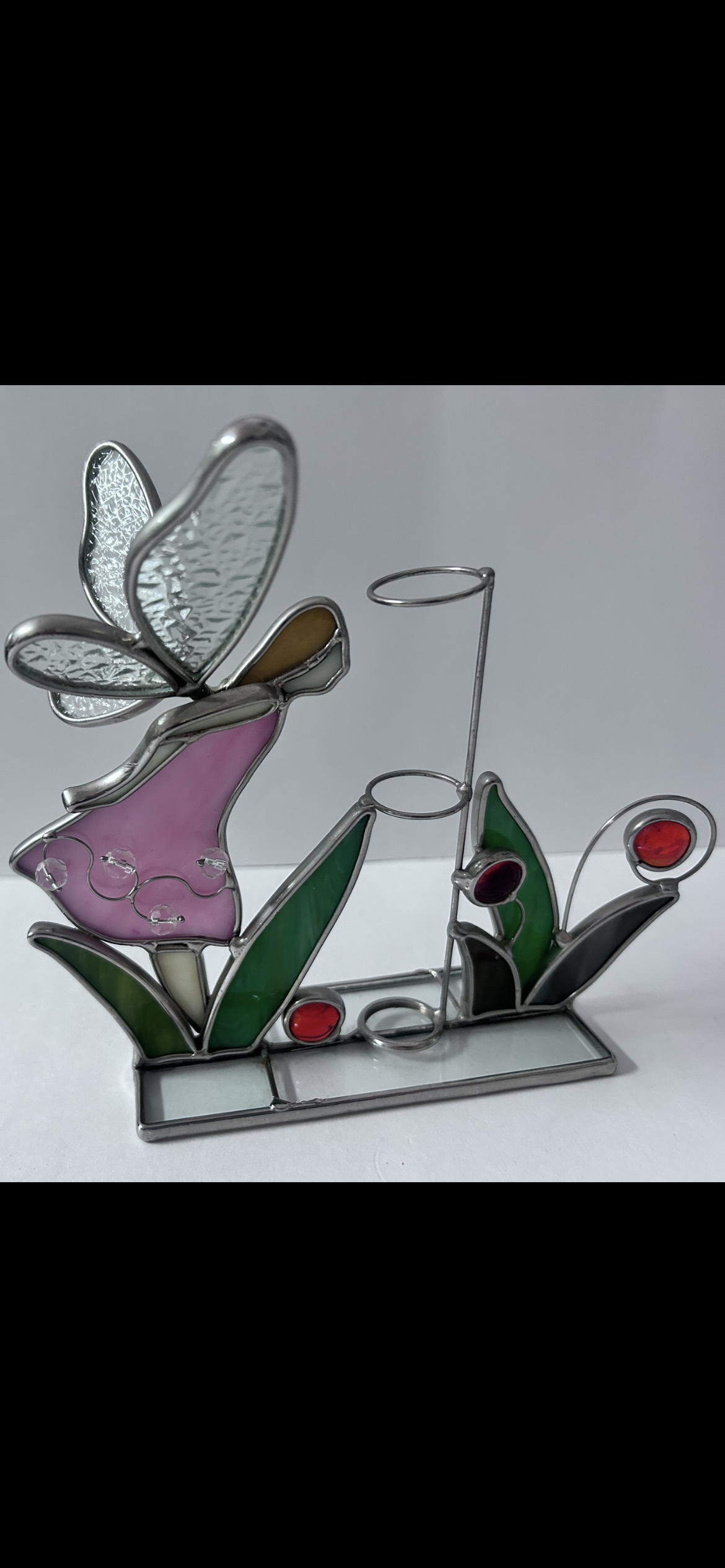 Vintage Stained Glass Candle Holder Lot (Set of 4) - Pink Flower with Blue Butterfly, Angel, Fairy Garden & Jeweled Votive Cup