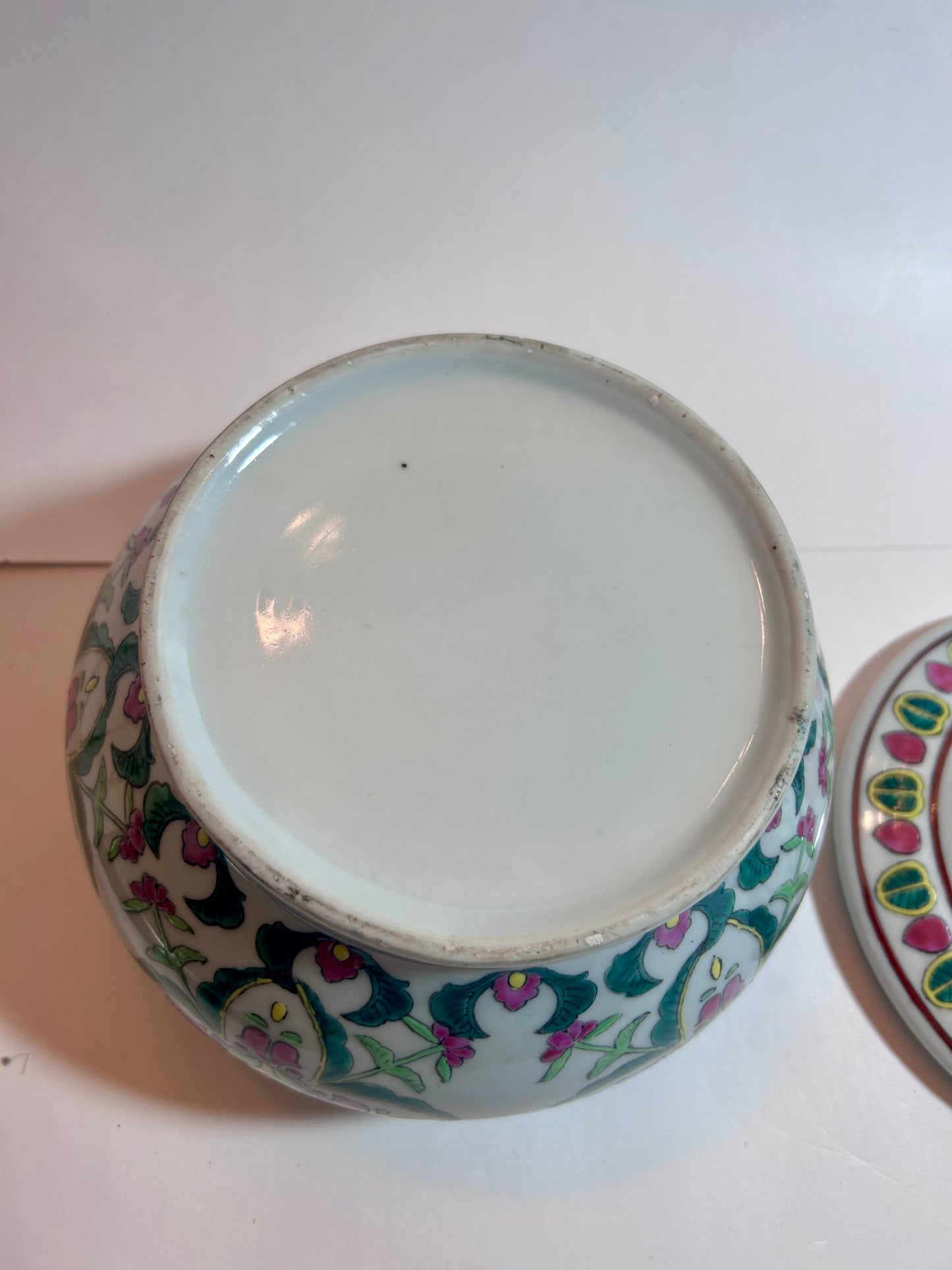 Antique Chinese Famille Rose (8”)Porcelain Covered Bowl with Foo Dog Finial