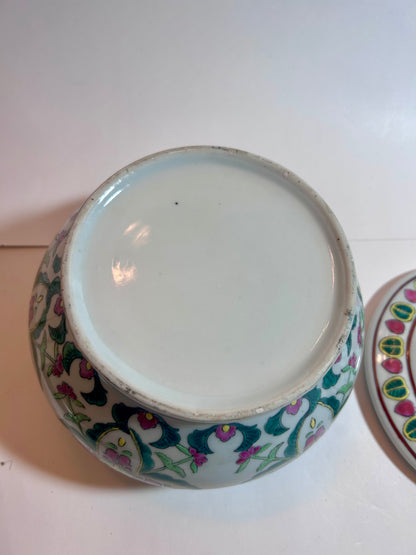 Antique Chinese Famille Rose (8”)Porcelain Covered Bowl with Foo Dog Finial