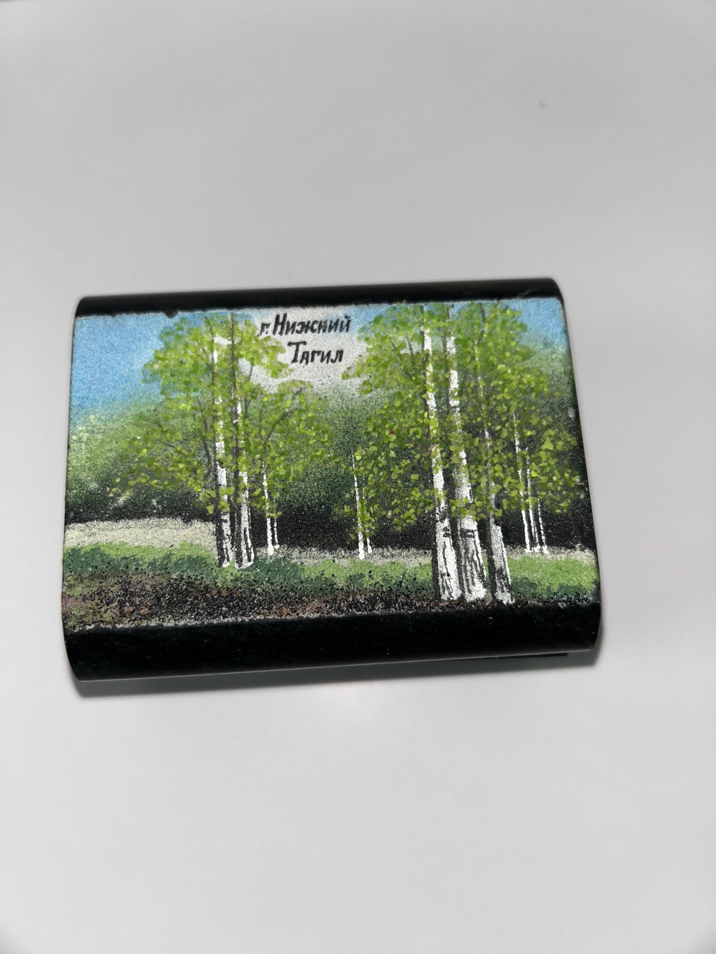 Vintage Russian Green Ural Serpentine Small Trinket Mosaic Hinged Casket - Birch Tree Scene