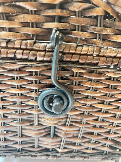 Vintage Woven Wicker Chest with Wrought Iron Scroll Feet & Twisted Metal Handles
