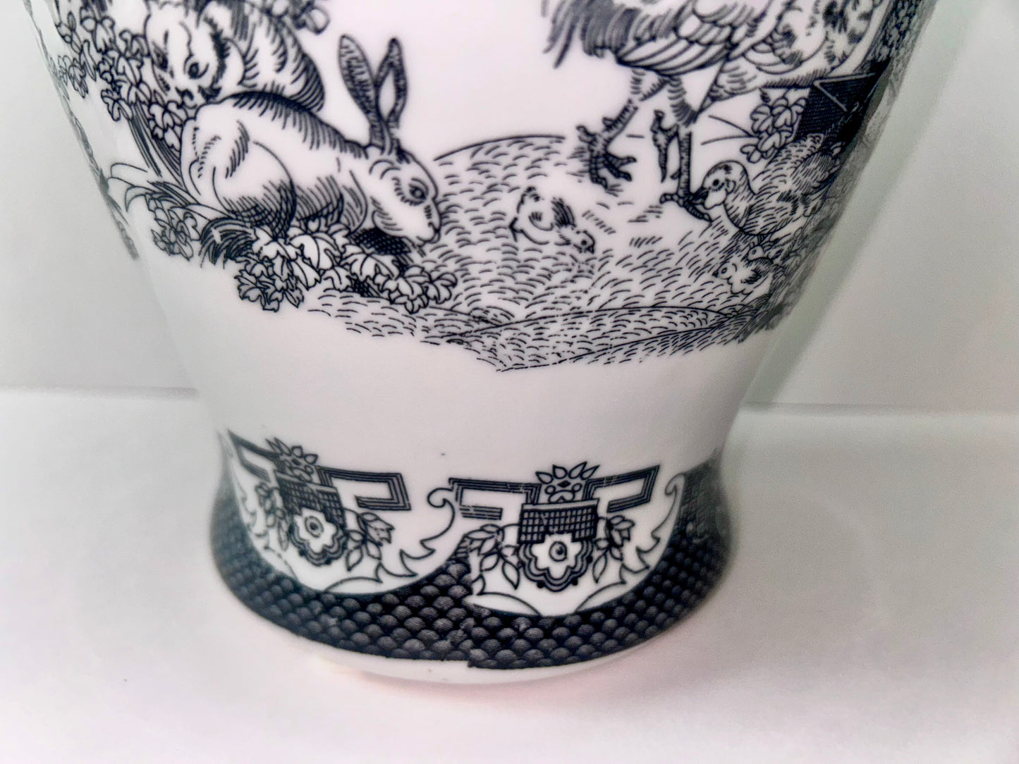 Vintage Black and White Porcelain Chinoiserie Vase - Rooster, Hen, & Rabbit Motif (14”)