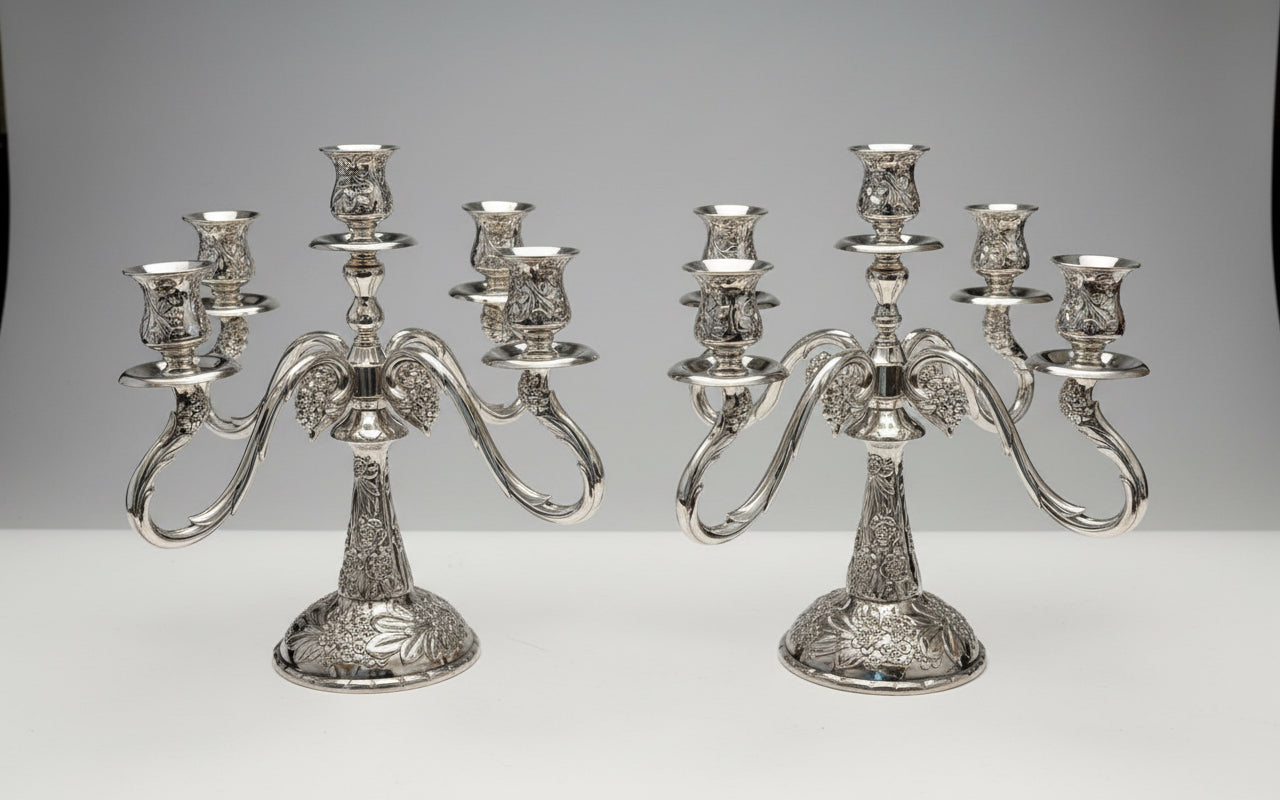 Vintage Silver Plated Victorian Style Floral Candelabra - Set of Two
