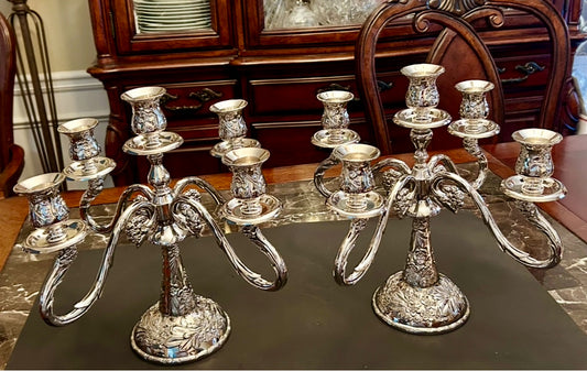 Vintage Silver Plated Victorian Style Floral Candelabra - Set of Two