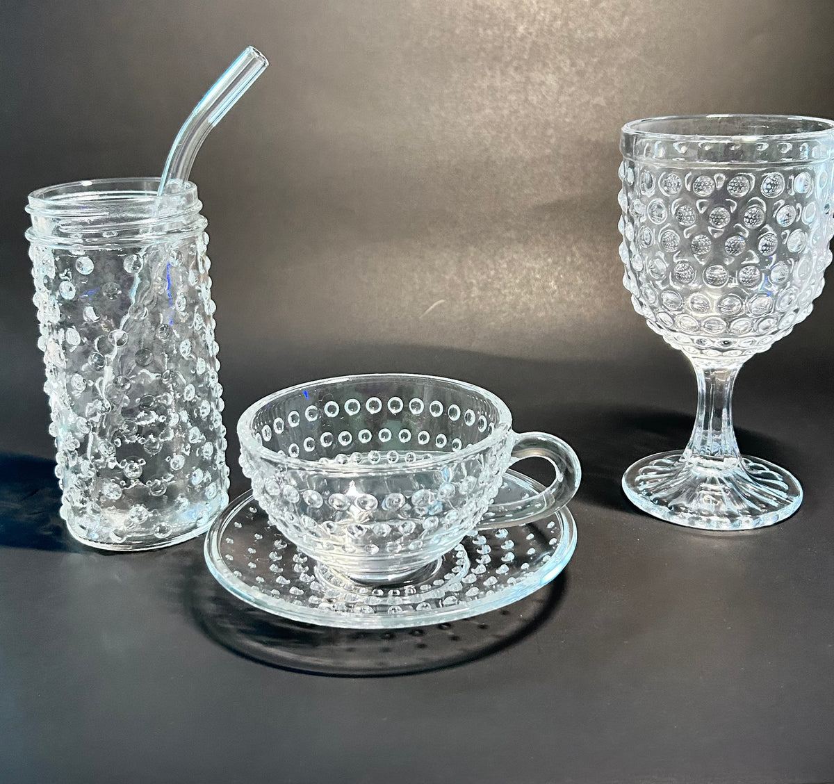 Clear Hobnail Glassware 4-Piece Set - Goblet, Tumbler with Glass Straw, Teacup & Saucer - Made in Portugal