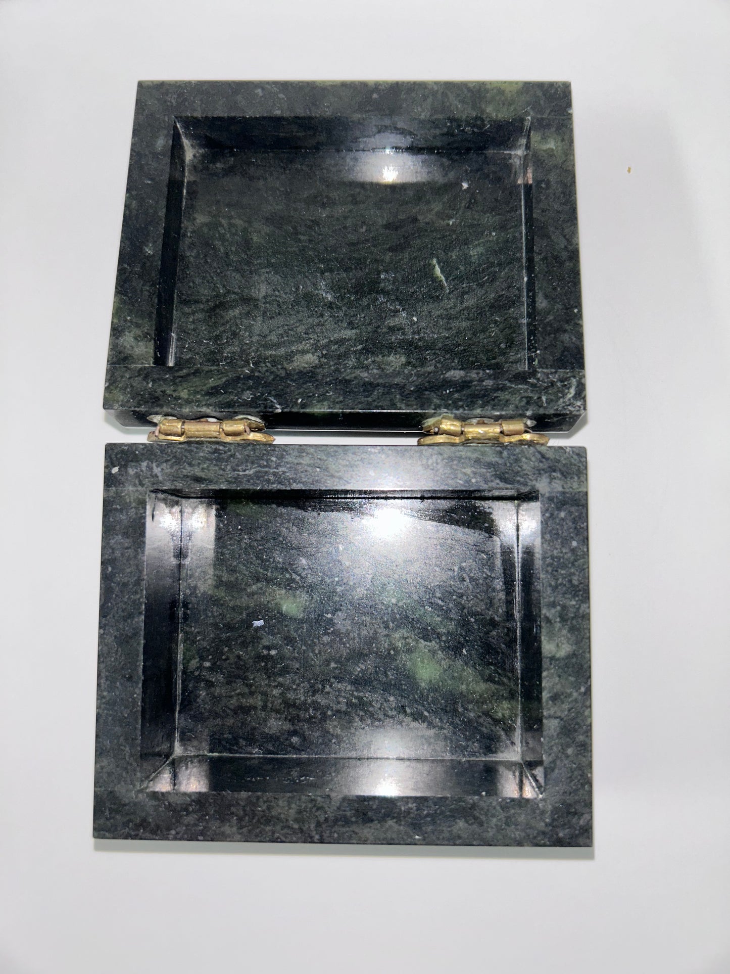 Vintage Russian Green Ural Serpentine Small Trinket Mosaic Hinged Casket - Birch Tree Scene