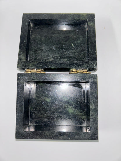 Vintage Russian Green Ural Serpentine Small Trinket Mosaic Hinged Casket - Birch Tree Scene