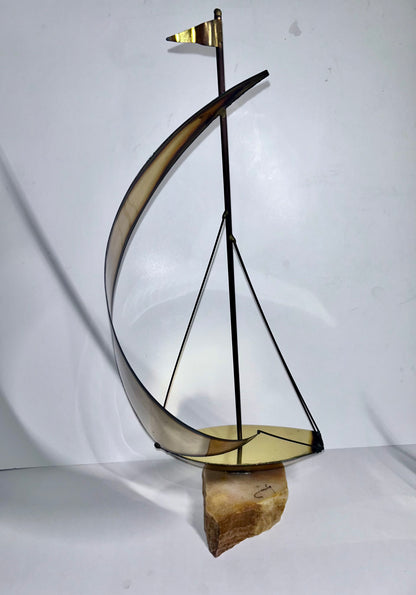 Vintage Mid-Century Modern Brass & Onyx Nautical Sculpture Set of 3
