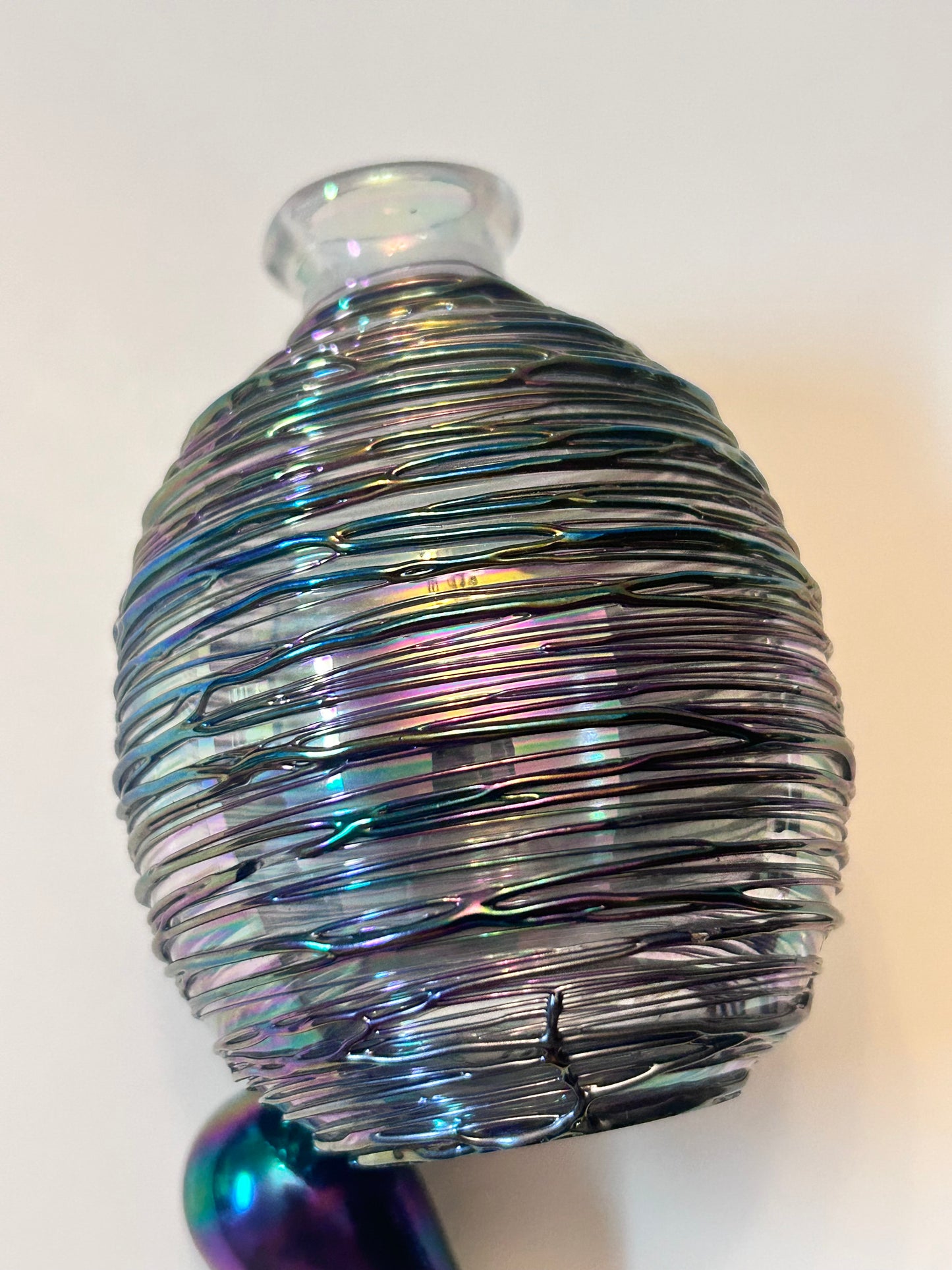 Michael Glass (5.5”) Hand-Blown Iridescent Art Glass Perfume Bottle – Purple/Green Trailing Wrap