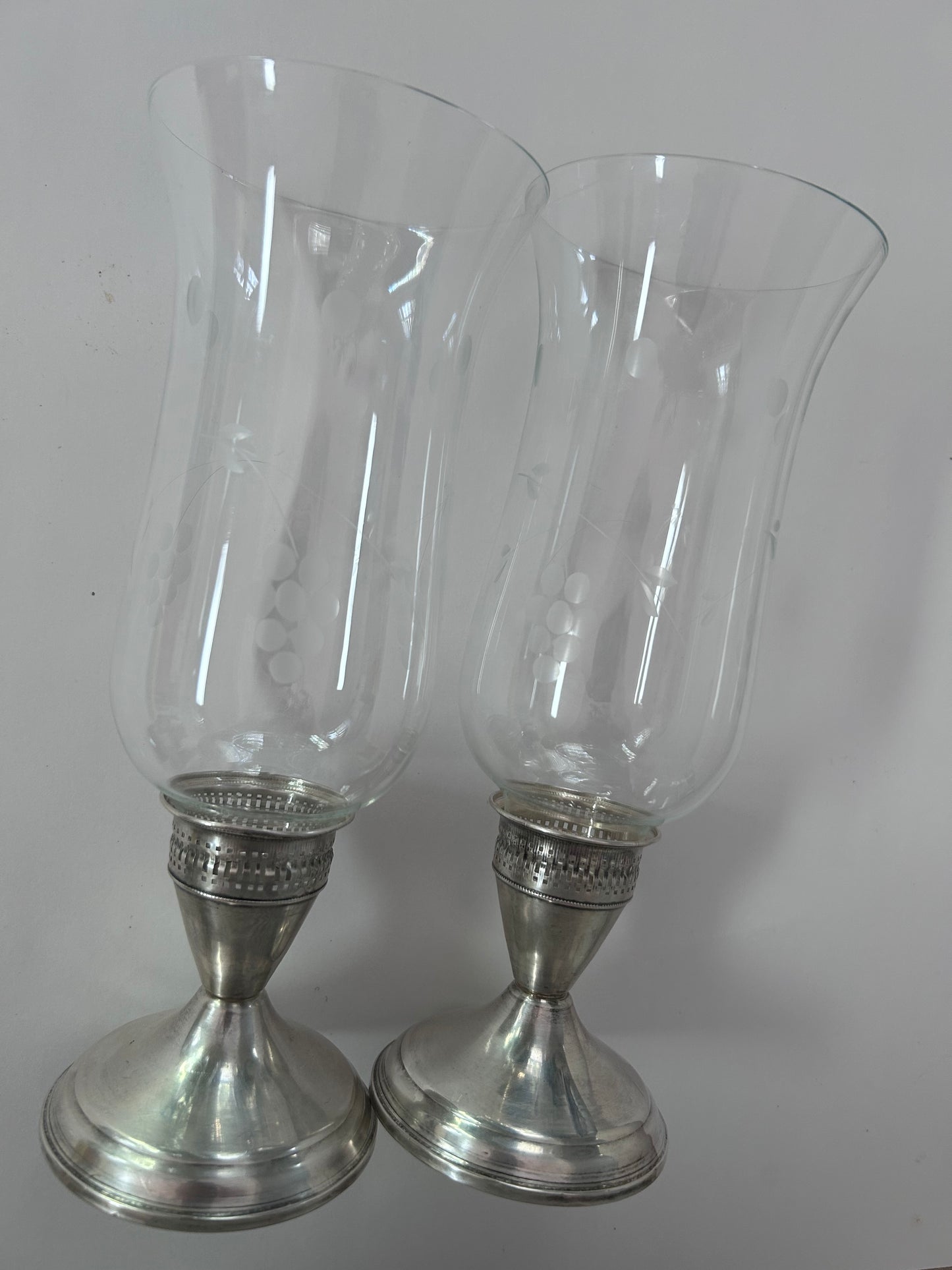 Vintage Duchin Creation Sterling Silver Weighted Candlestick with Etched Glass Hurricane Shades