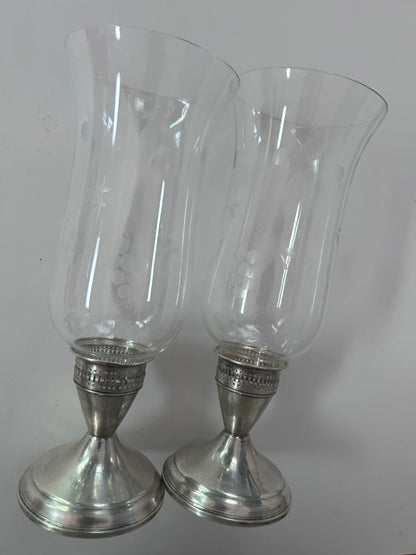 Vintage Duchin Creation Sterling Silver Weighted Candlestick with Etched Glass Hurricane Shades