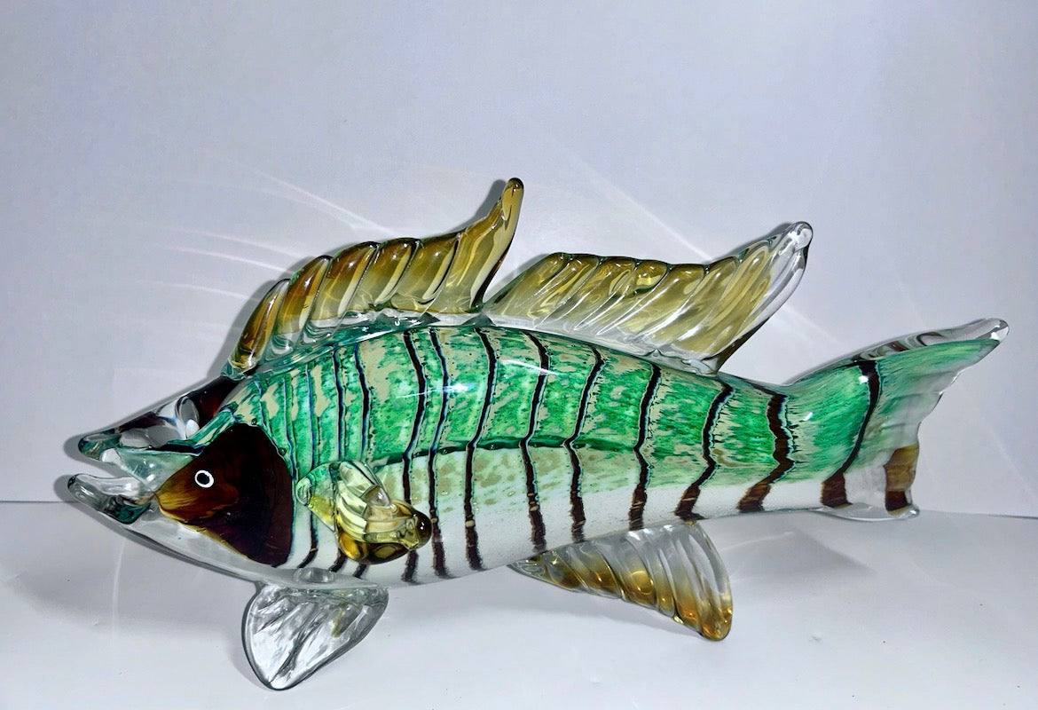 Vintage Hand-Blown Art Glass Fish Sculpture - Green & Amber -Large (13" × 8")
