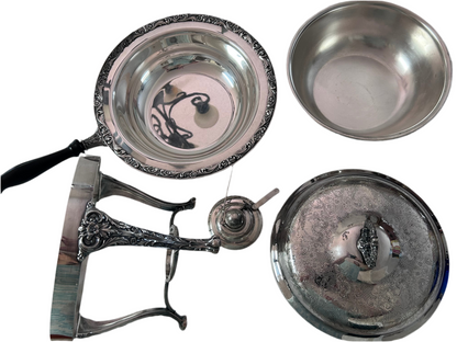 Antique Chafing Dish Victorian Roses Design Silver Plated Over Copper (5 Pieces)