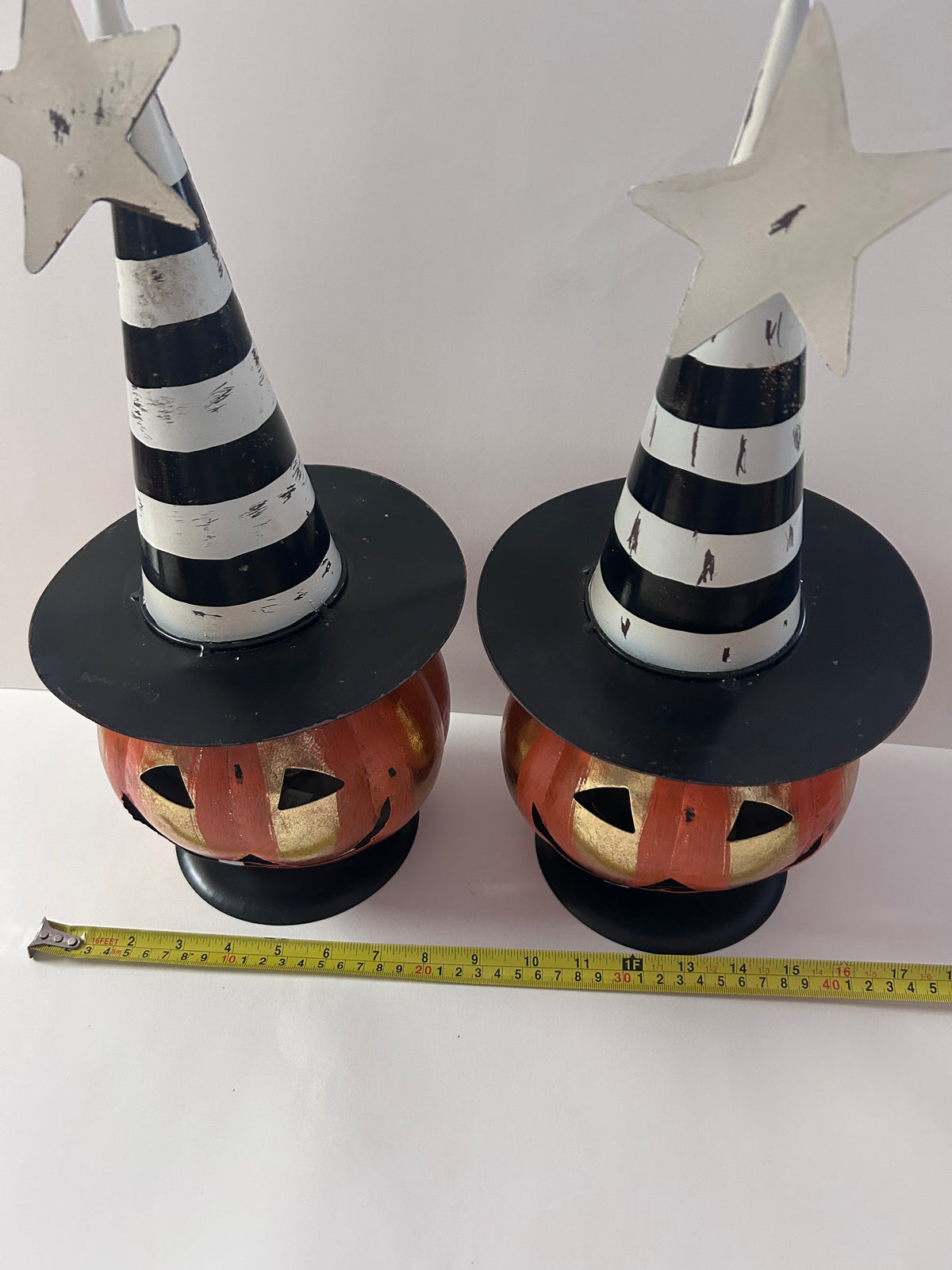 Pair of Metal Jack O Lantern Figurines With Black & White Hat & Led Lights