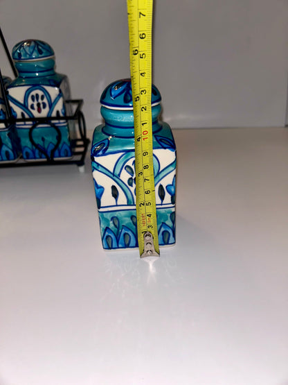 Artisan Hand-Painted Blue & White Indian Ceramic Spice Jar Set (4 Jars) w/ Metal Caddy