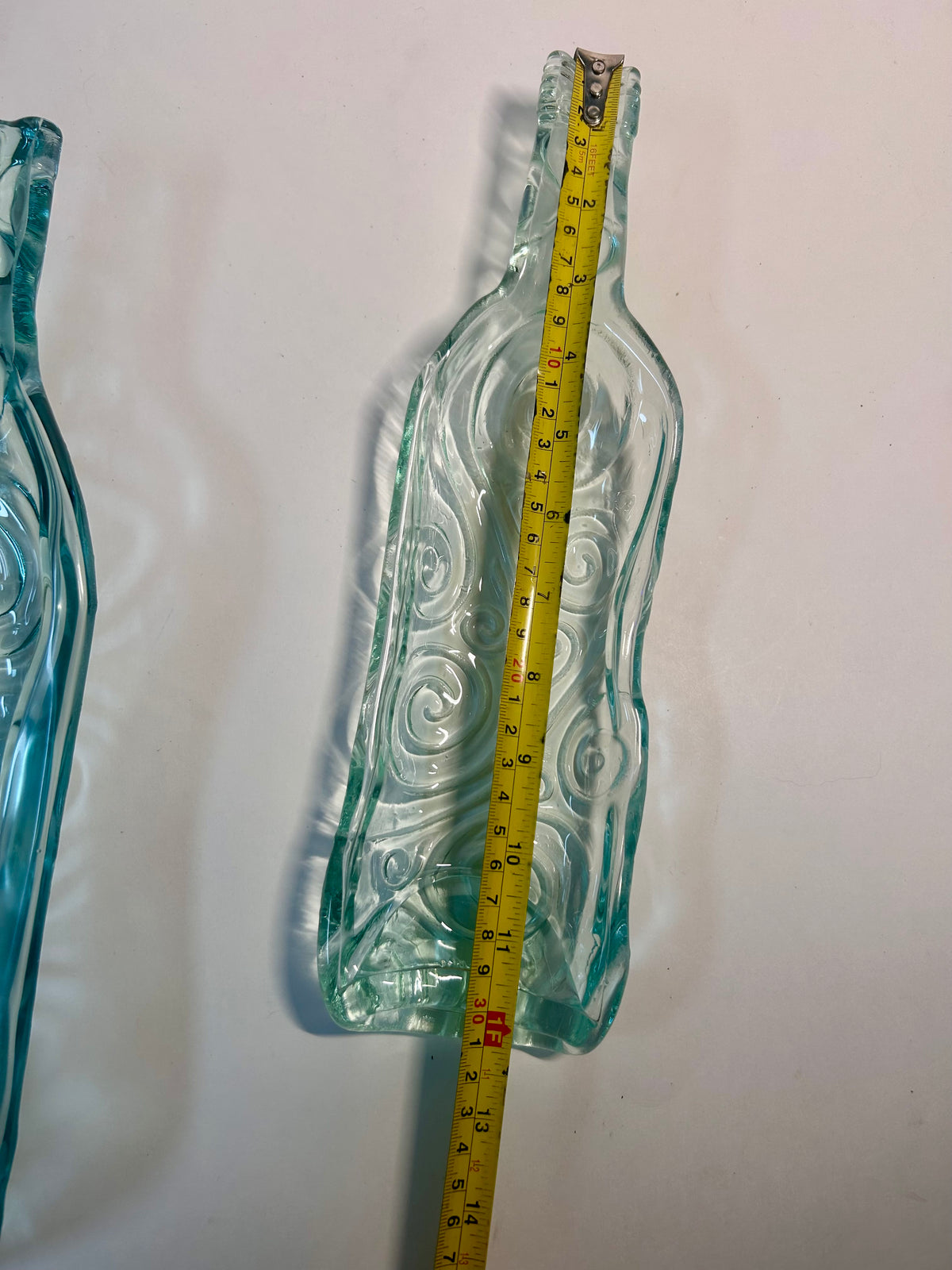Pair of Melted / Slumped Glass Wine Bottle Serving Dishes with Embossed Swirl Pattern ( L- M Size)