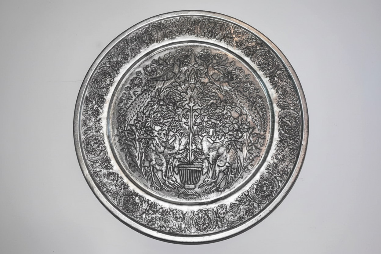 Antique Austrian Hungarian Copper (16”) Wall Plate with Intricate Floral and Fauna Design