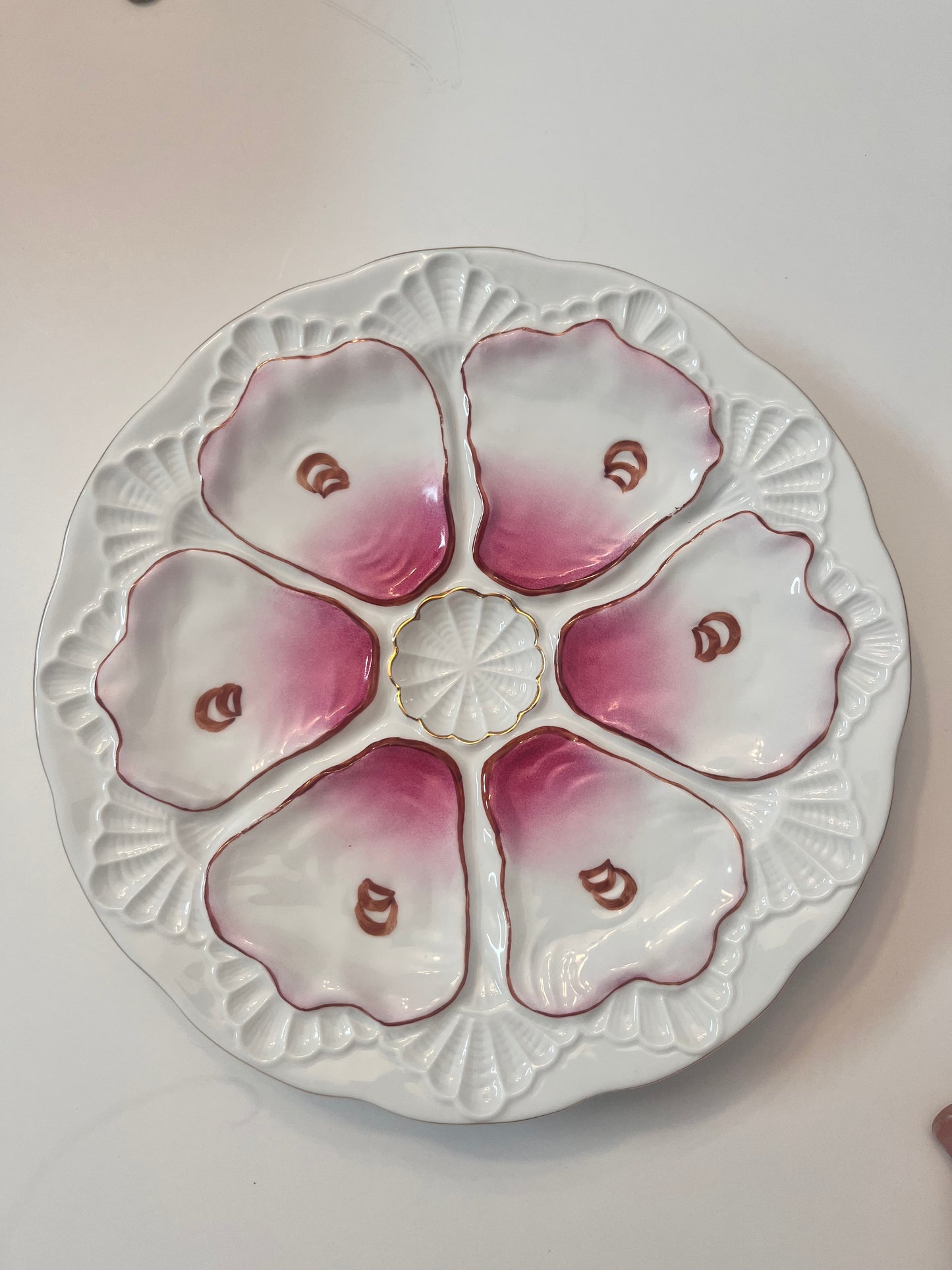 Antique Porcelain 6-Well Oyster Plate with Pink Glaze - Finest Antique