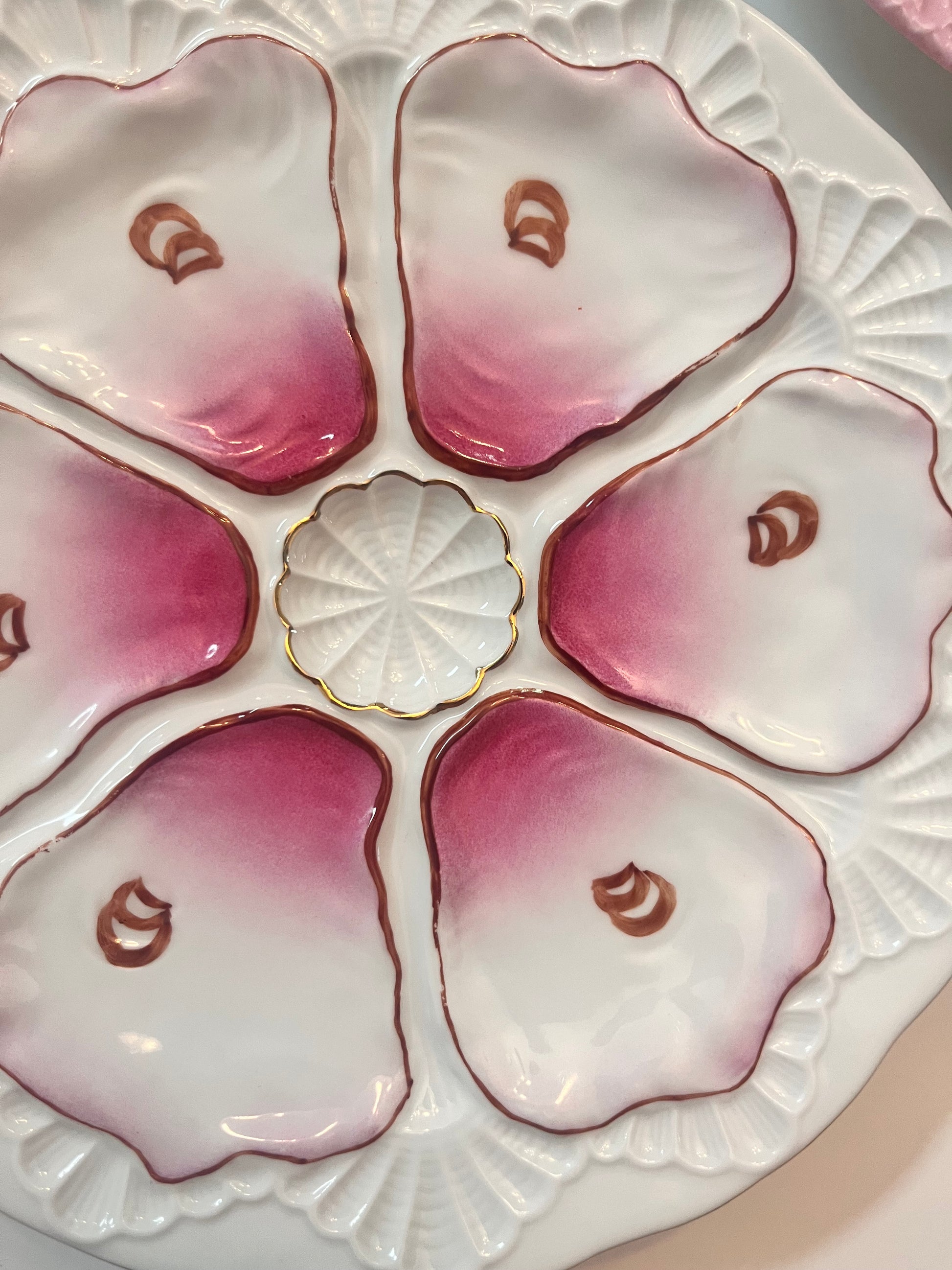 Antique Porcelain 6-Well Oyster Plate with Pink Glaze - Finest Antique