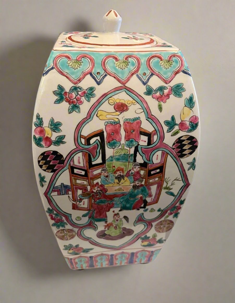 Antique Porcelain Ginger Jar with Hand-Painted Floral and Figure Motifs - Finest Antique