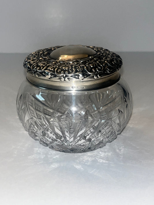 Antique Victorian Vanity Crystal Powder Jar with Sterling Silver Lid - Finest Antique