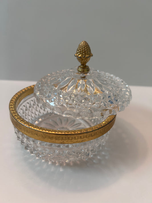 Vintage Baccarat Style Diamond Cut Crystal (4.5”) Candy Dish/ Powder Box with Gilt Bronze Rim