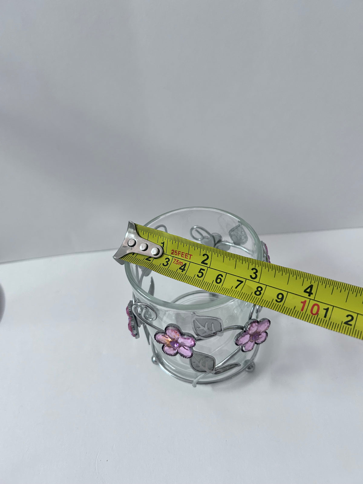 Vintage Stained Glass Candle Holder Lot (Set of 4) - Pink Flower with Blue Butterfly, Angel, Fairy Garden & Jeweled Votive Cup