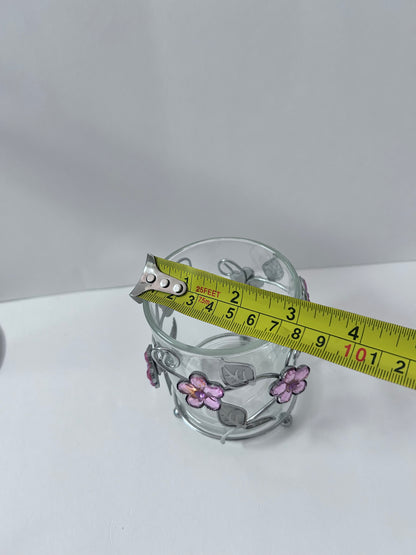 Vintage Stained Glass Candle Holder Lot (Set of 4) - Pink Flower with Blue Butterfly, Angel, Fairy Garden & Jeweled Votive Cup