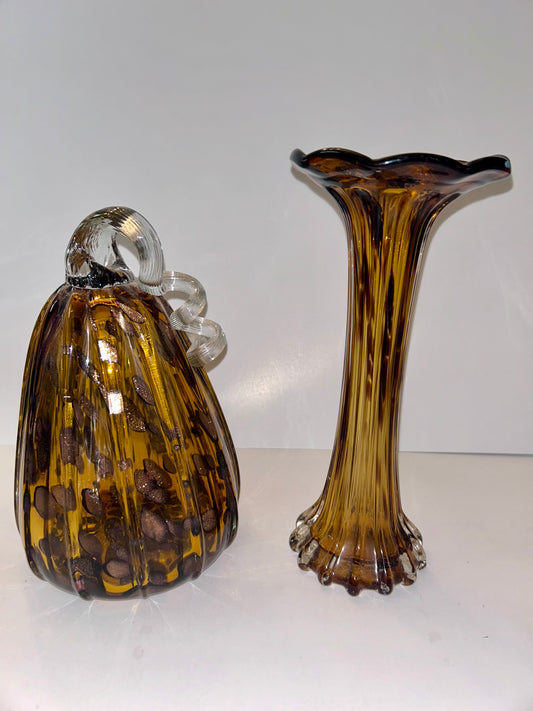 Stunning Mid-Century Modern Art Glass Hand Blown Set |Ruffled Flute Vase & Ribbed Pumpkin