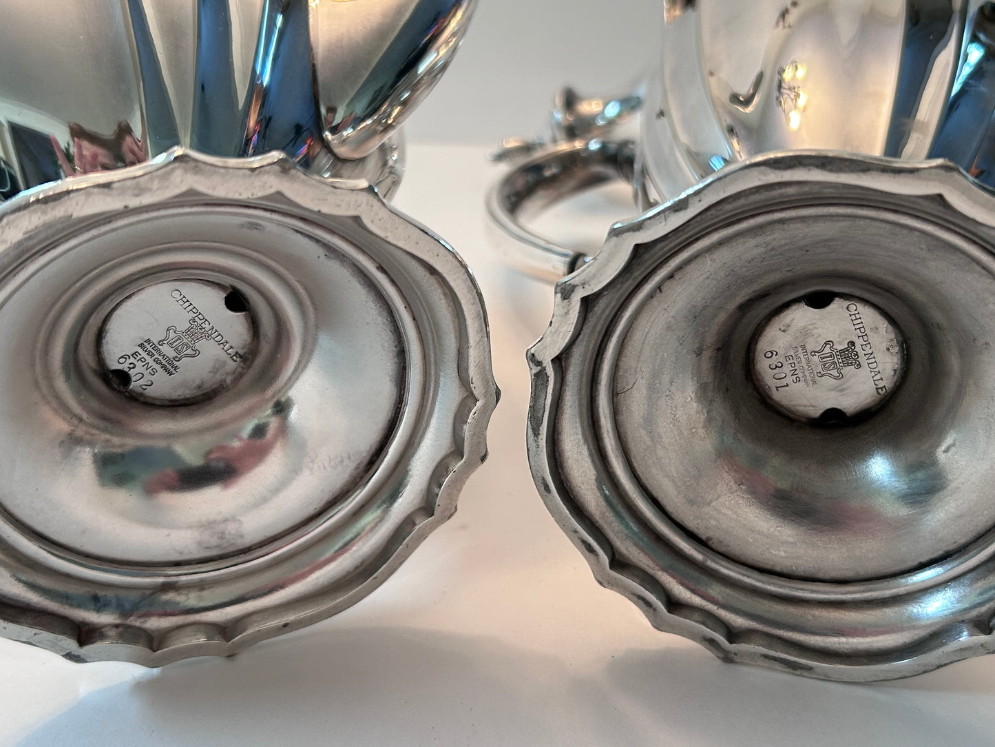 Vintage Chippendale International Silver Co. Pair of Silver-Plated Tea/Coffee Pots Engraved Monogram “M”