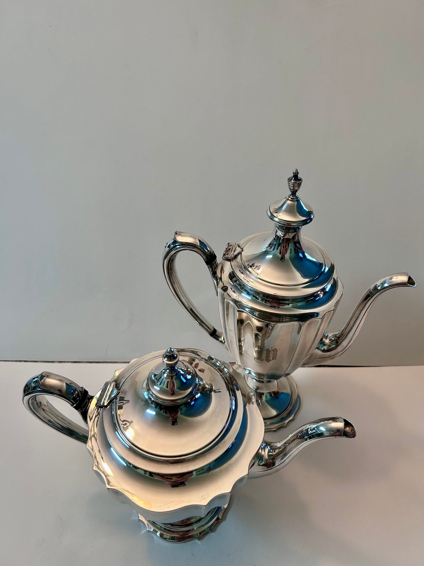 Vintage Chippendale International Silver Co. Pair of Silver-Plated Tea/Coffee Pots Engraved Monogram “M”