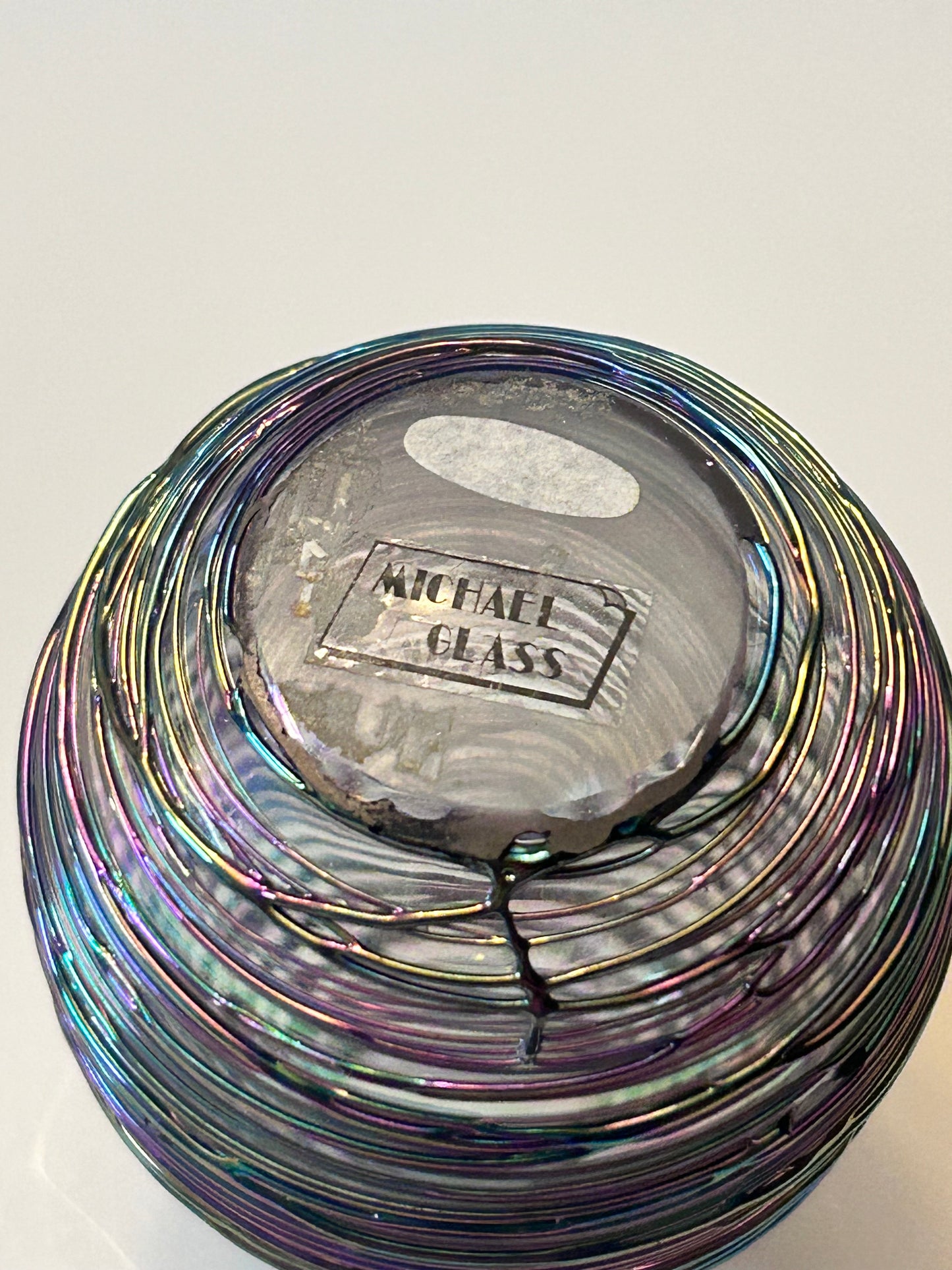 Michael Glass (5.5”) Hand-Blown Iridescent Art Glass Perfume Bottle – Purple/Green Trailing Wrap