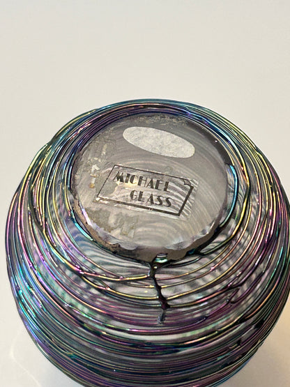 Michael Glass (5.5”) Hand-Blown Iridescent Art Glass Perfume Bottle – Purple/Green Trailing Wrap