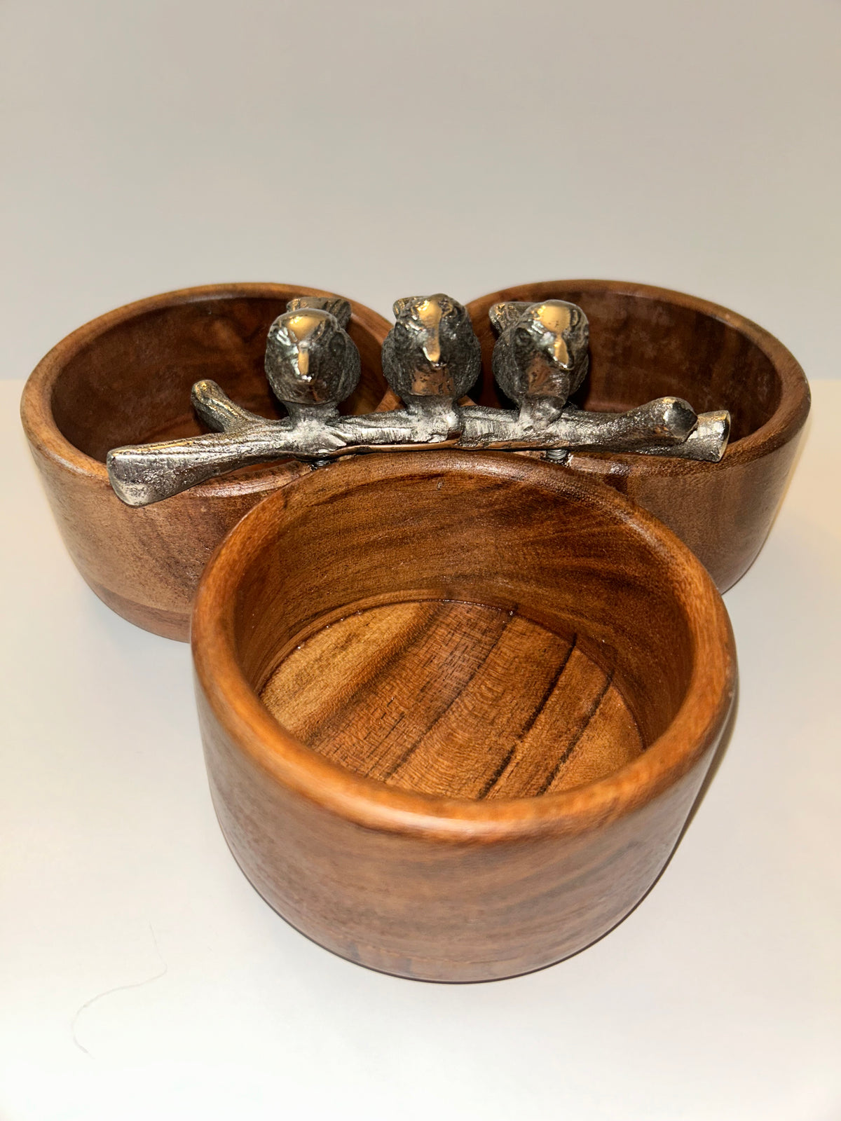 Charming Handcrafted Wooden Condiment Snack Bowls with Pewter Bird Accents