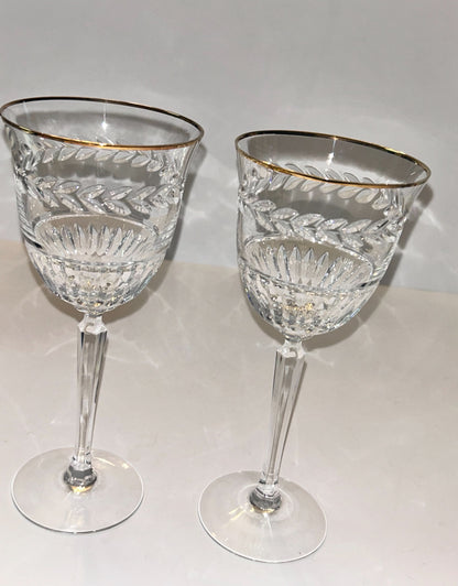 Set of 2 Vintage Lenox Monroe Gold Crystal Wine Glasses - Wheat Etch & Gold Rim - 7-1/4"
H - Made in USA