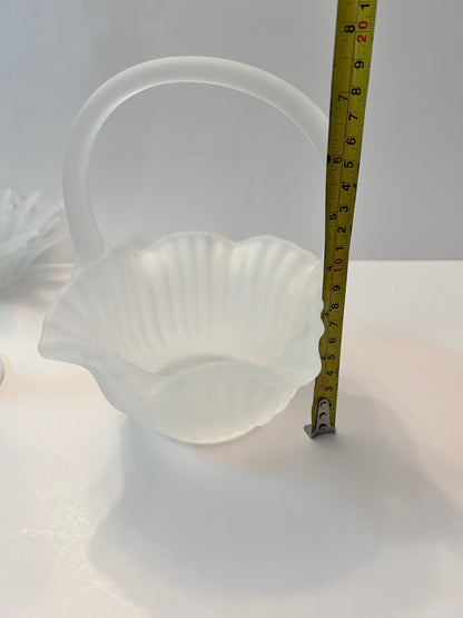Vintage EAPG SATIN FROSTED Glass LOT |Moon & Star Compote/Candy Dish, Tall Candle Holder, Basket | Milk Glass (Set of 4)