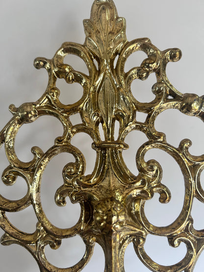 Pair of Vintage Mid Century Filigree Brass/Brass Plated Wall Sconces Candle Holders, French Rococo Style
