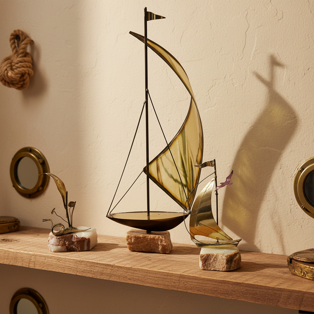 Vintage Mid-Century Modern Brass & Onyx Nautical Sculpture Set of 3