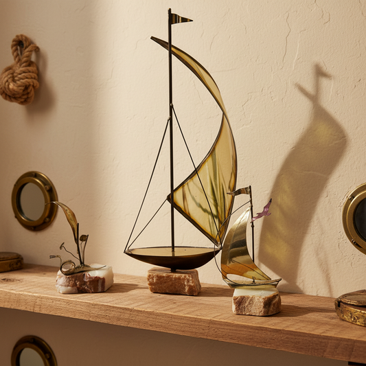 Vintage Mid-Century Modern Signed Brass & Onyx Nautical Sculpture Set of 3