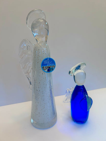 Hand-Blown Art Glass Angel
Figurines - Clear Speckled & Cobalt Blue Set