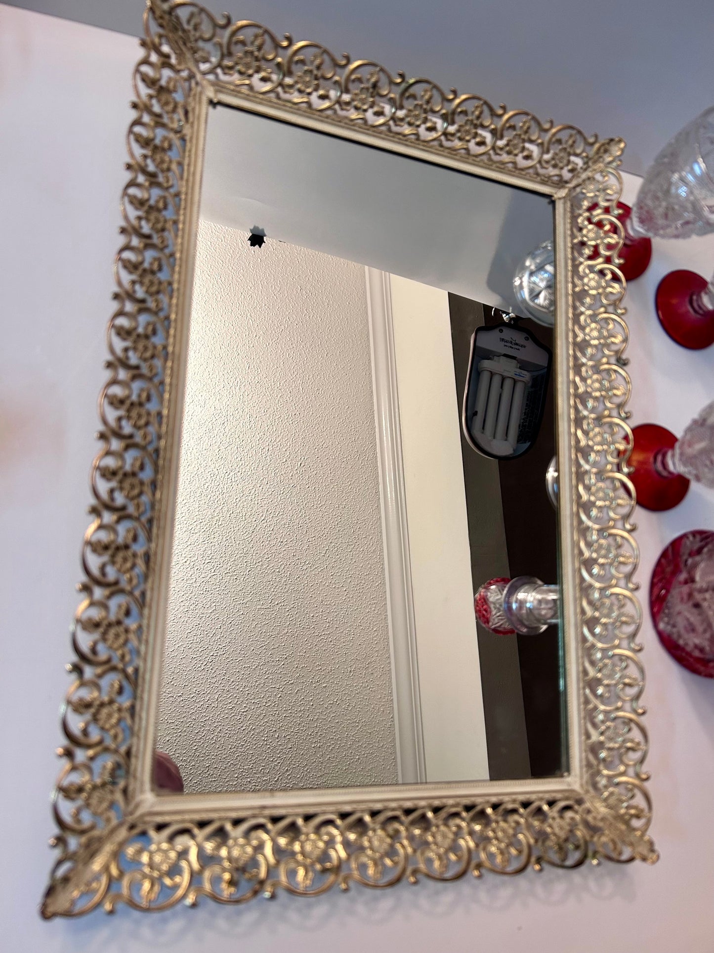 9-Pc Hollywood Regency Ruby Cut-to-Clear Decanter & Ormolu Mirrored Tray Set