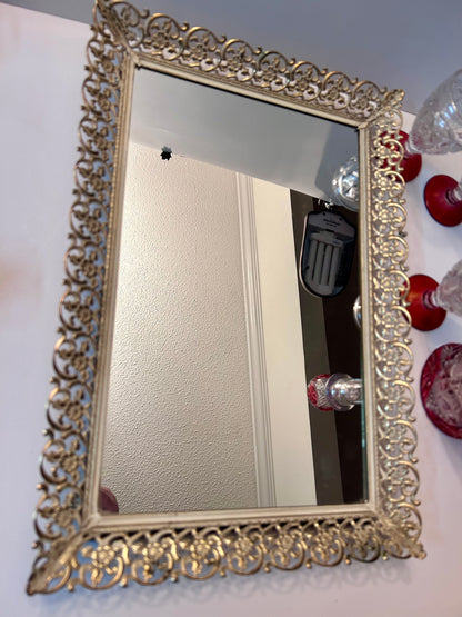 9-Pc Hollywood Regency Ruby Cut-to-Clear Decanter & Ormolu Mirrored Tray Set