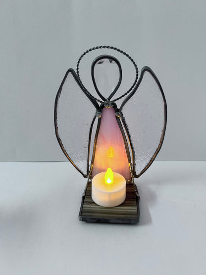 Vintage Stained Glass Candle Holder Lot (Set of 4) - Pink Flower with Blue Butterfly, Angel, Fairy Garden & Jeweled Votive Cup