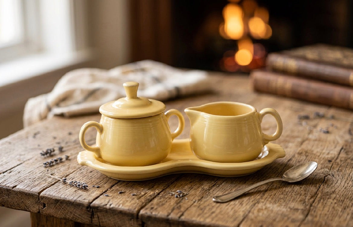 Fiesta Yellow Sugar and Creamer Set with Figure 8 Tray - Post-1986 Lead-Free HLC