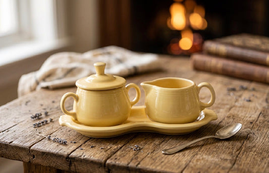 Fiesta Yellow Sugar and Creamer Set with Figure 8 Tray - Post-1986 Lead-Free HLC